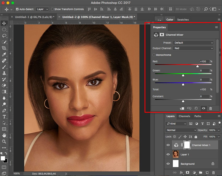 create a new Adjustment layer by selecting Channel Mixer