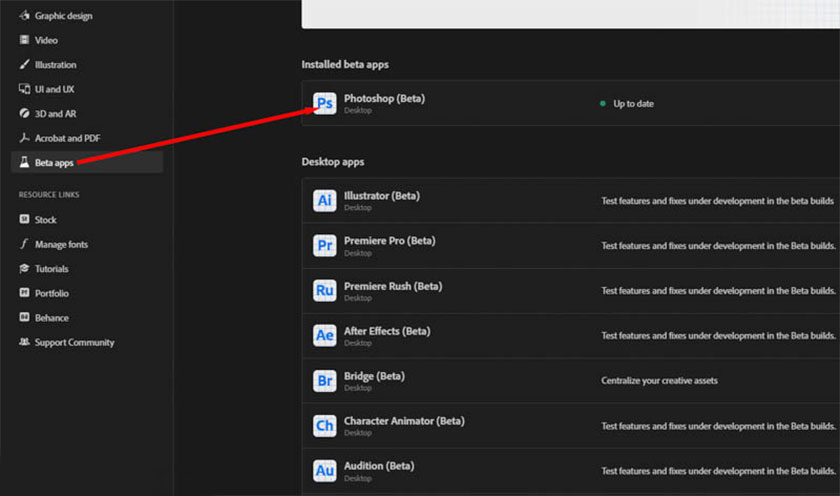 install Adobe Creative Cloud on your computer by entering Beta Apps