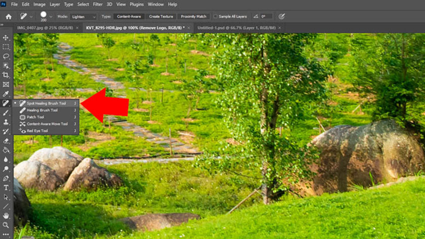 click directly on the Spot Healing Brush tool or press the shortcut J