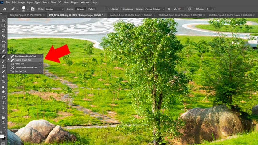 select the Healing Brush Tool then press the keyboard shortcut Shift+J