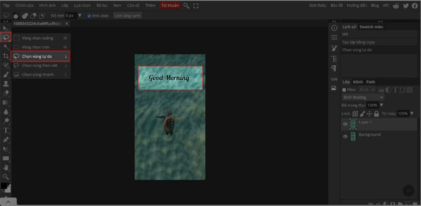 Select the text area by pressing the L key or clicking the free area icon on the toolbar