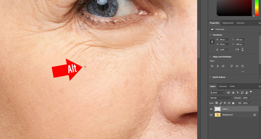 click on the wrinkle area on the model's face