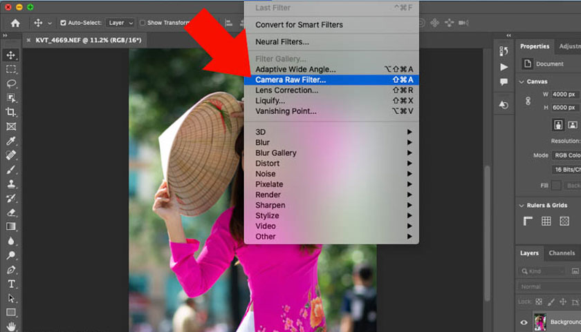 select Camera Raw Filter or use the keyboard shortcut Ctrl+Shift+A