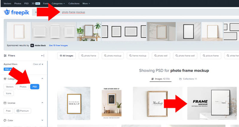 select the PSD file and tick Free to find free photo frames in PSD format on Freepik