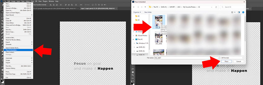 select the photo on your computer and then click Place