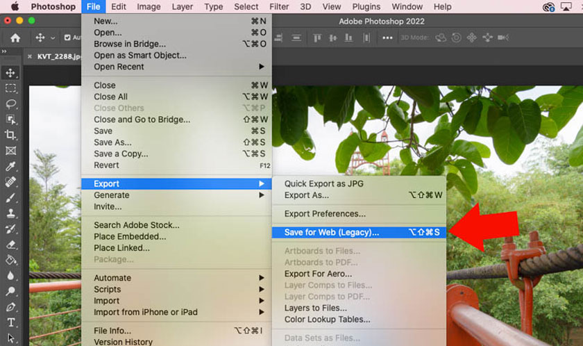 Save for Web or you can use the keyboard shortcut Option+Shift+Command+S