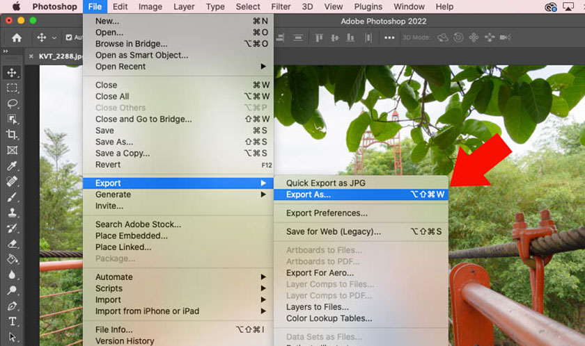 Export As or you can use the keyboard shortcut Option+Shift+Command+W
