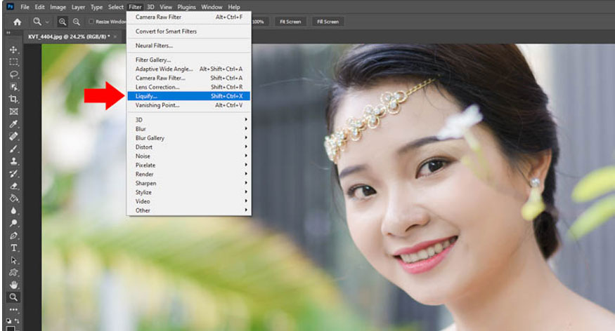 Liquify or using the keyboard shortcut Ctrl+Shift+X