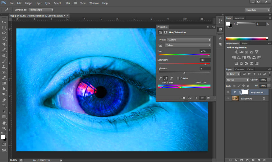 Drag the Hue slider and observe on the screen