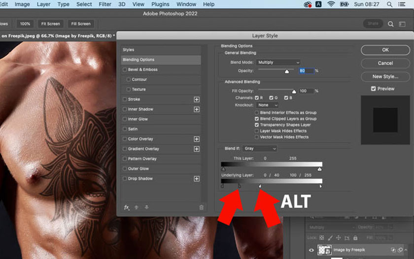 drag the black slider to the right to control the dark area on the tattoo