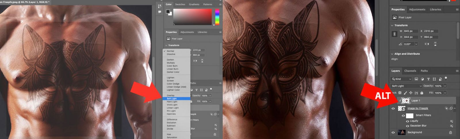select Soft Light and you will see the tattoo appear again but a little darker than normal