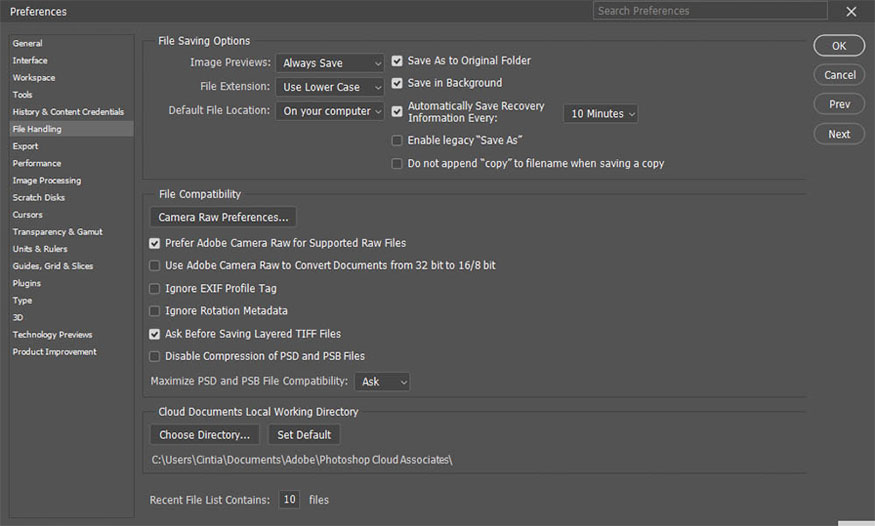 choose the period in which the Photoshop application automatically saves recovery information every 5-10 or 60 minutes