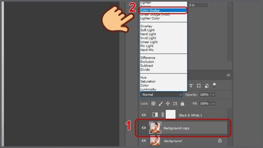 choose to create contrast in the Color Dodge section so that the image is black and white