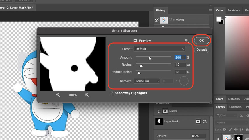 Adjust the given parameters and select OK after finishing