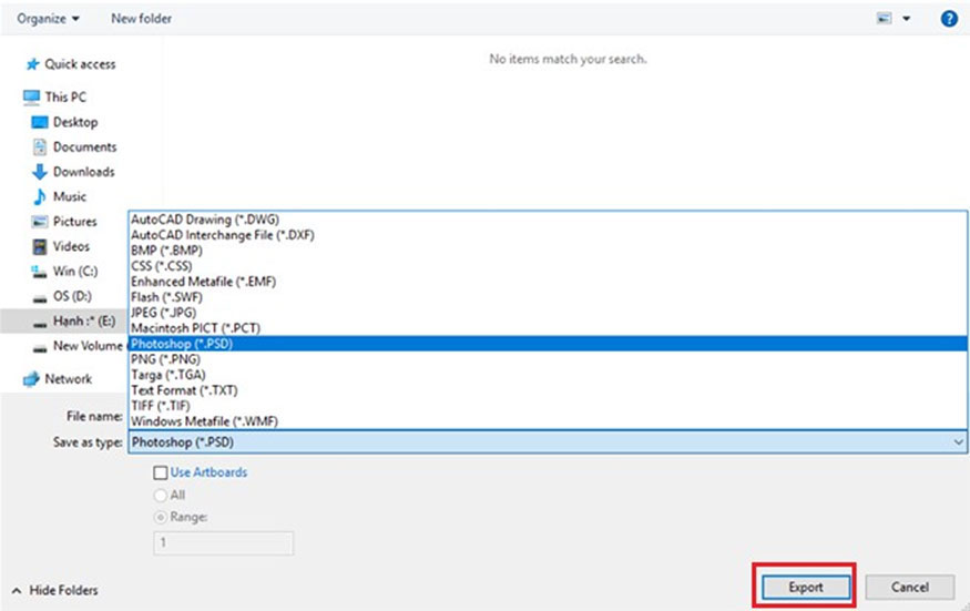 select Photoshop (*.PSD)