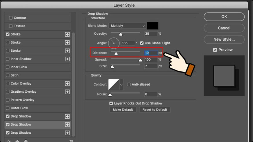 Adjust Drop Shadow and Distance similarly to step 2.