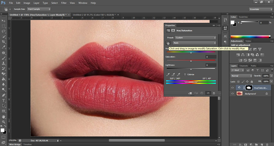 In the Hue Saturation dialog box select the hand icon