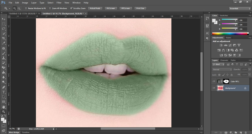 apply Brush to the lip area to show the blue color