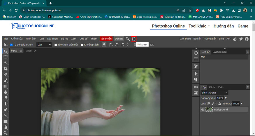 Click the icon to enlarge the screen to make combining two photos in Photoshop easier.
