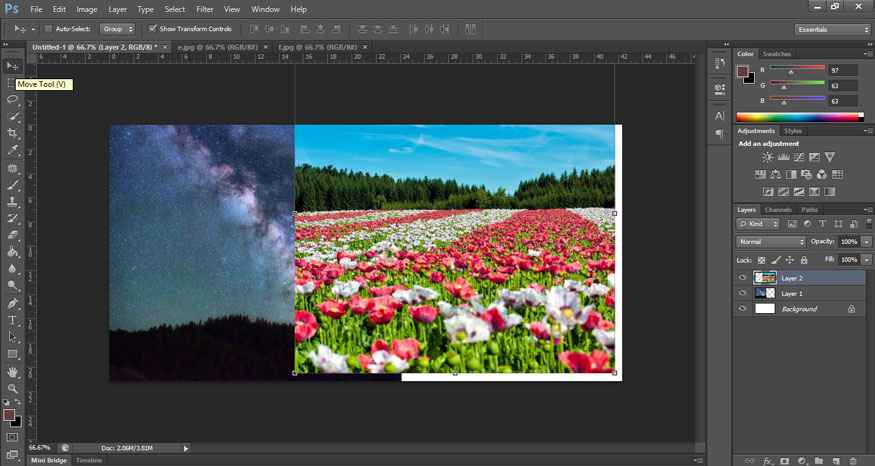 use the Move Tool (V) to drag the 2 image files to be merged