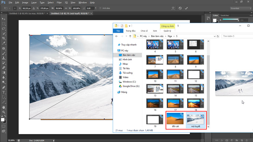 Open the 2 photos you want to combine into 1 frame in Photoshop