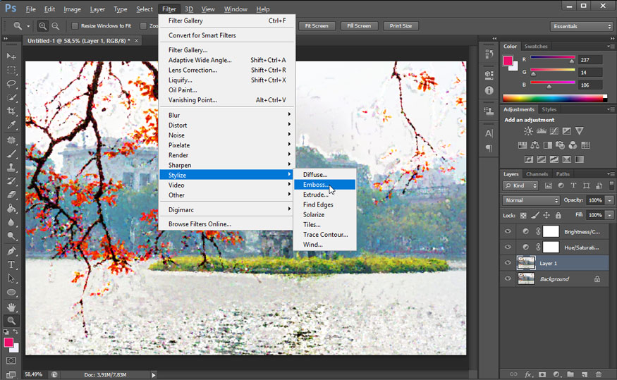 select Emboss and then proceed to set the appropriate parameters