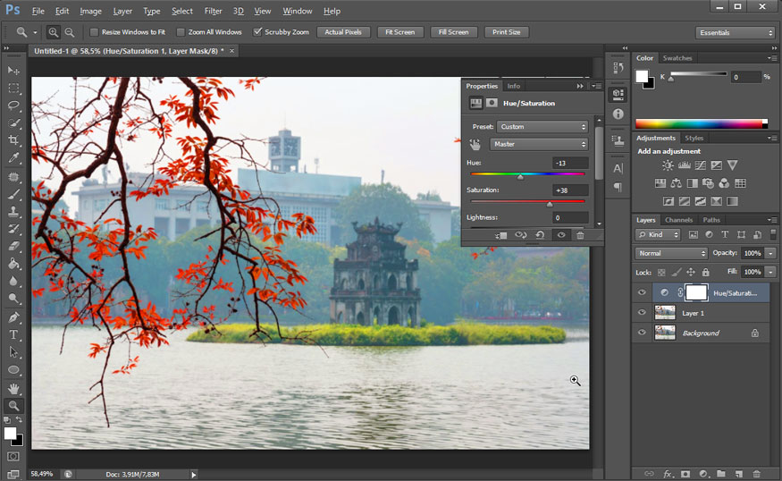 Drag the Saturation slider above the Hue/Saturation dialog box