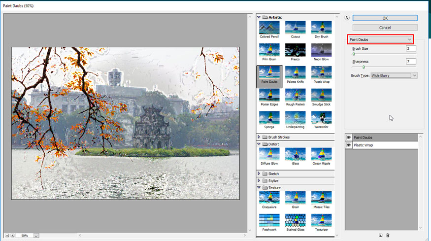 select the Paint Daubs tool and adjust the parameters appropriately