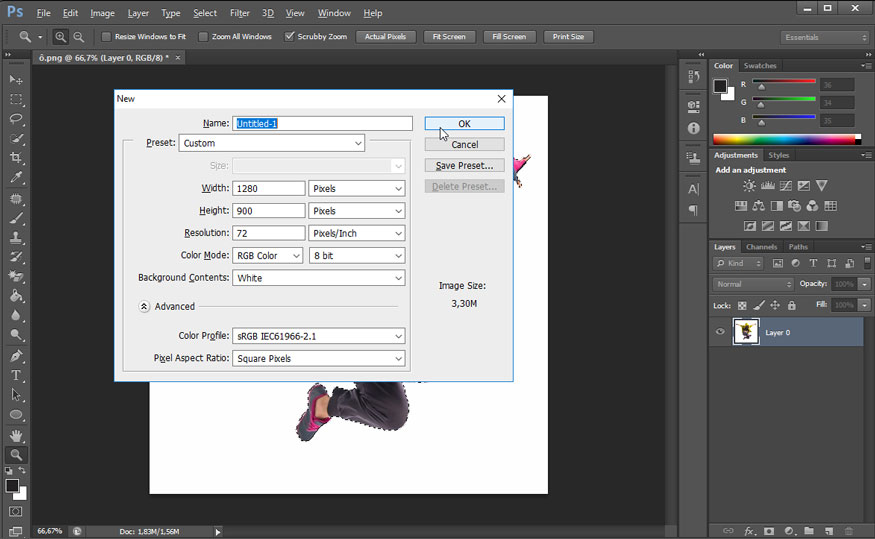 press the keyboard shortcut Ctrl+N then set the parameters and click OK