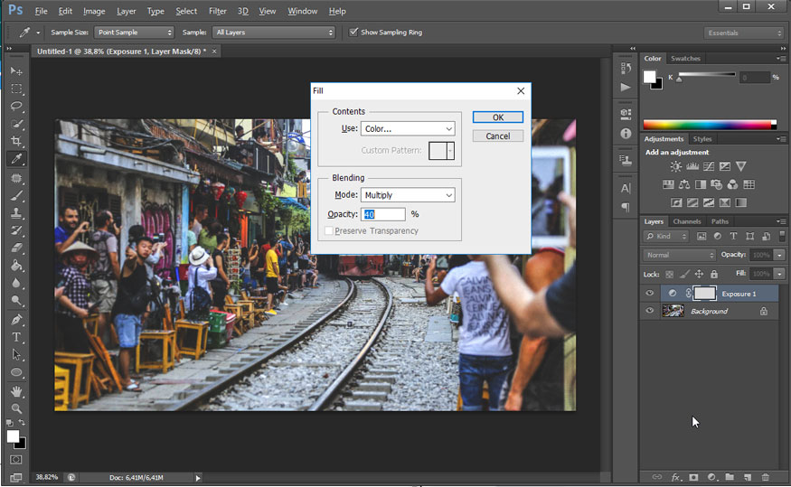 Select Fill then adjust the parameters in the Fill menu