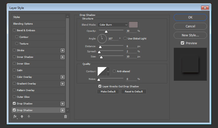 change the Size value of the Drop Shadow effect to 10