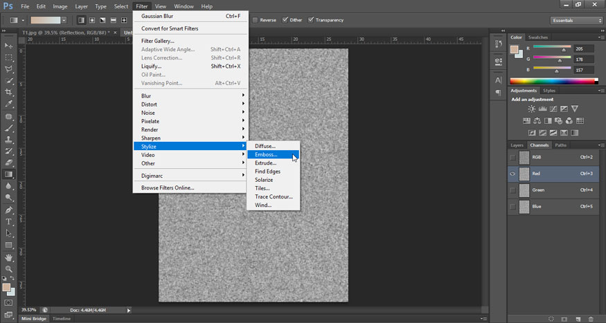 select the Red channel. Go to the Filter menu => Stylize => Emboss