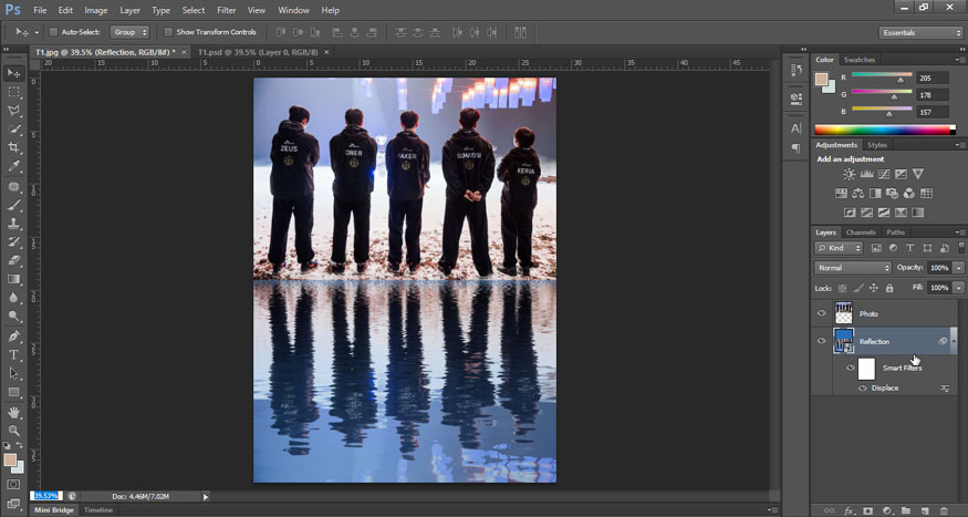 Photoshop applies a displacement map to the water's reflection with a beautiful Photoshop water reflection effect.