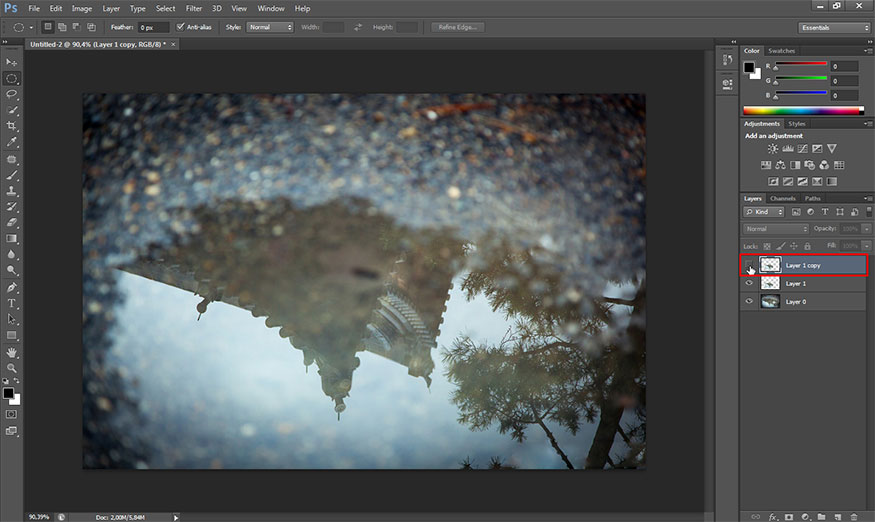 we need to temporarily hide the layer at the top (Layer 1 copy)