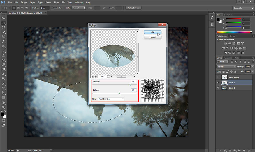 I applied the parameters Ridges 12, Amount 70 and selected the Style as Pond Ripples