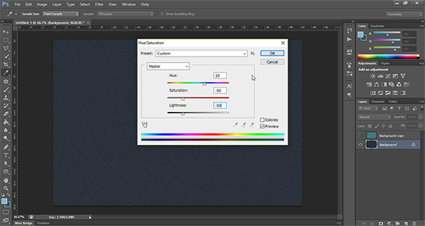 Change Hue to 20, Saturation to -50 and Lightness to -50