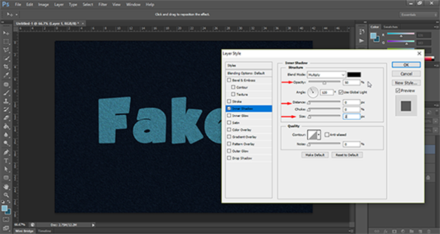 select the Inner Shadow effect, reduce the Opacity to about 50%