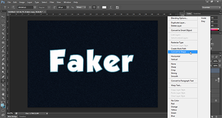 Right-click on the copied text layer and select Convert to Shape