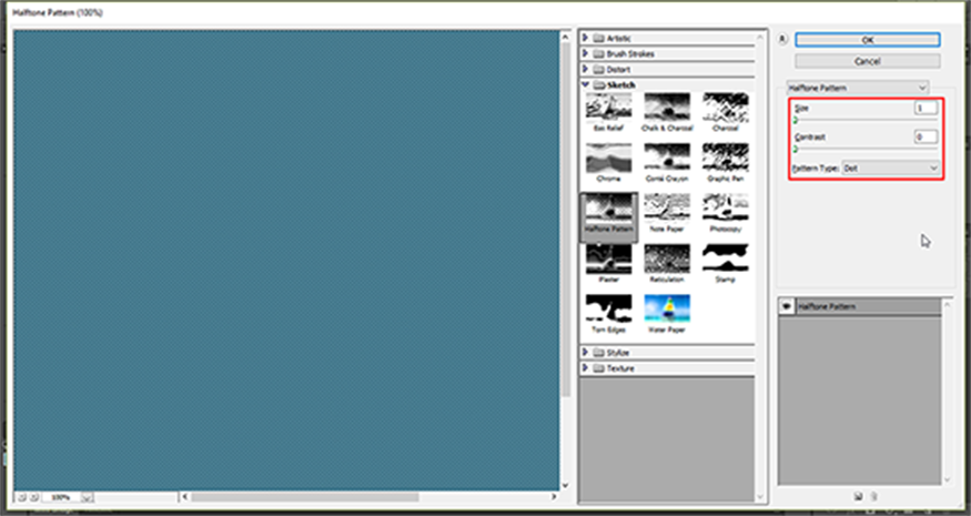 set Size to 1, Contrast to 0 and at Pattern Type select “Dot”
