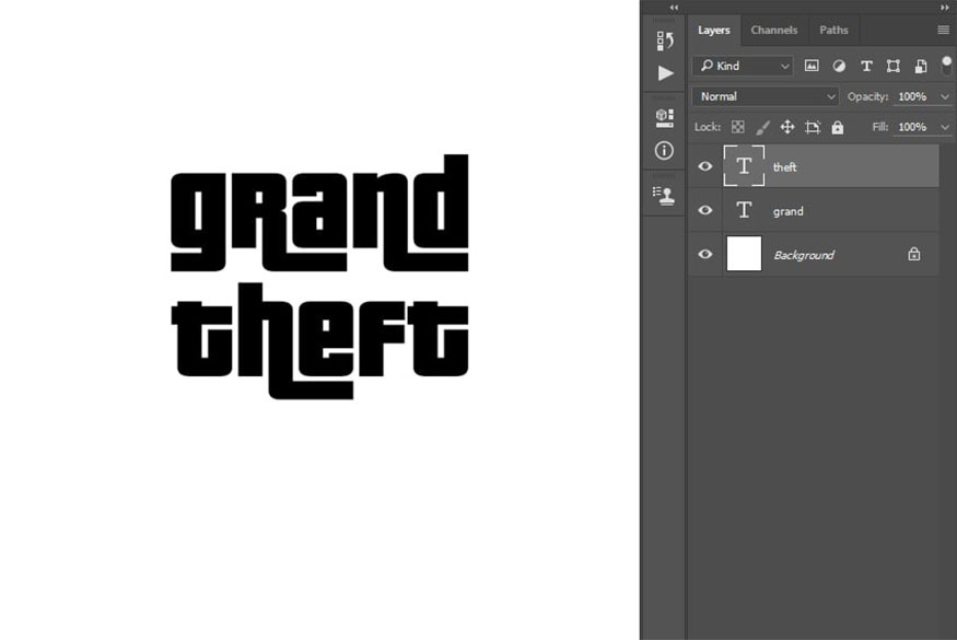 click anywhere inside the canvas again to create another text layer and type theft.