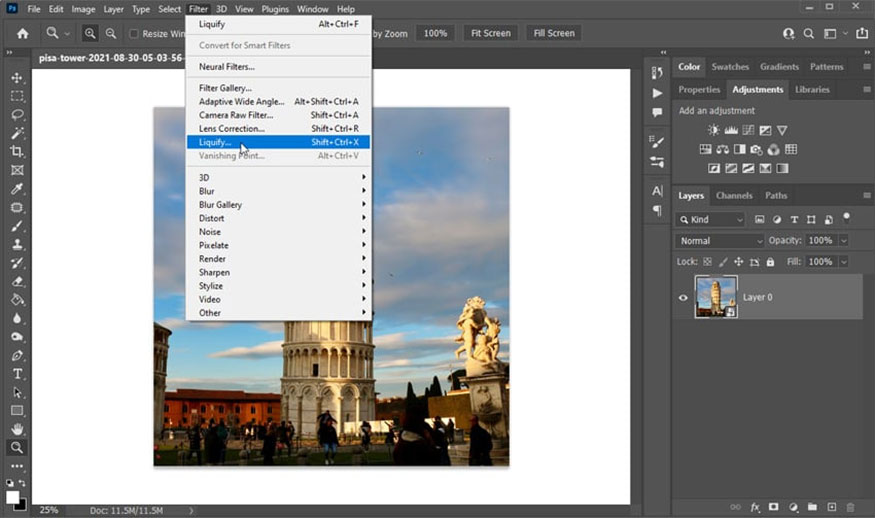 Liquify or pressing the keyboard shortcut Shift+Ctrl+X.