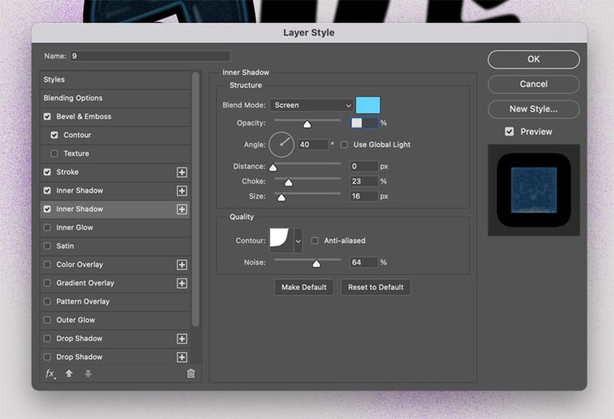 Add another Inner Shadow effect by using the following settings