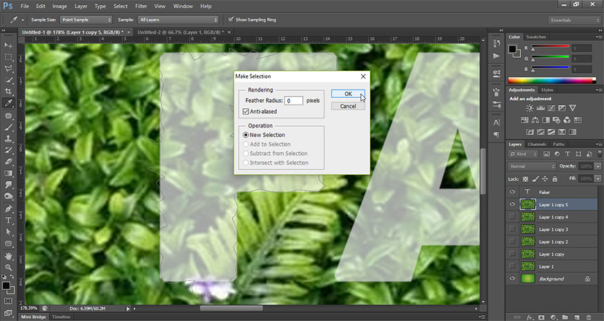 set the Feather Radius to 0 and then click OK.