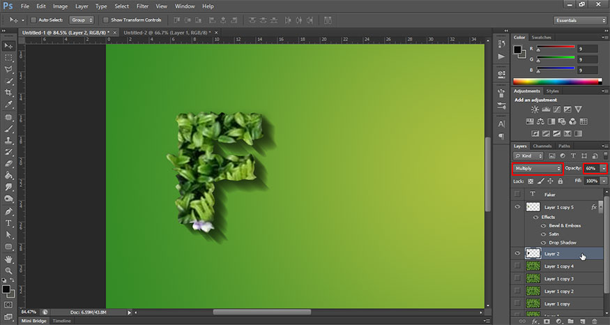 set this layer to Multiply and Opacity to 60%.