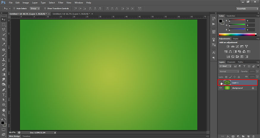 click on the eye icon to the left of the layer to temporarily hide this layer.