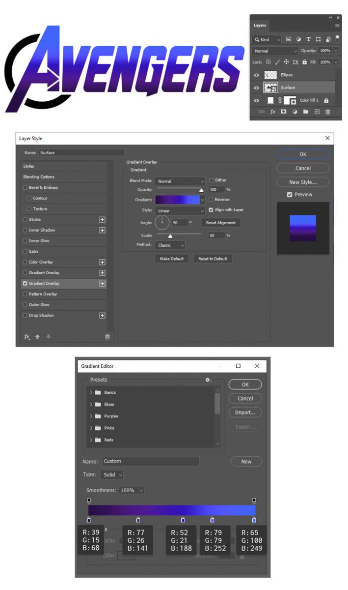 Select the Avengers text layer and rename it “Surface”