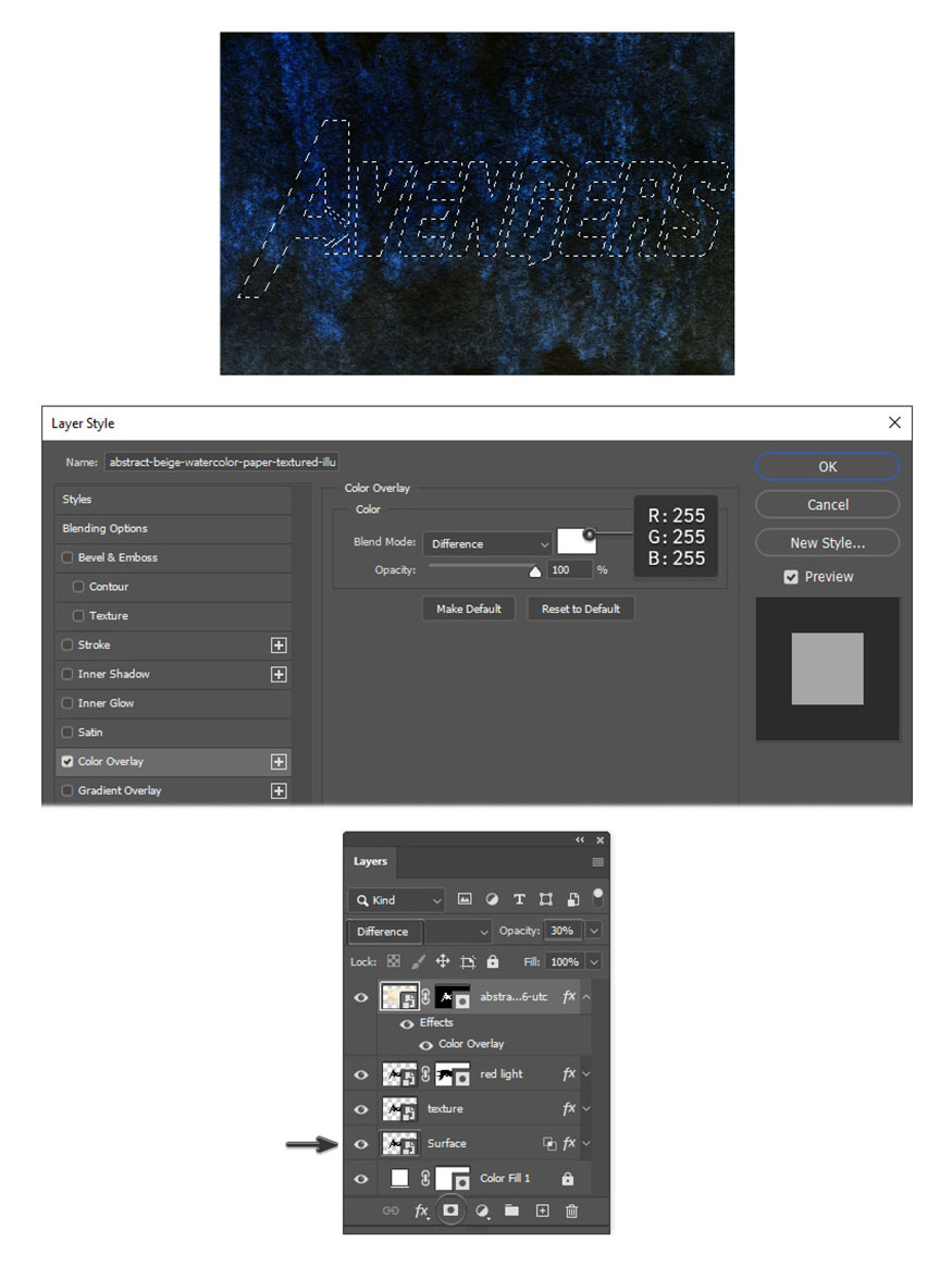 Import the new texture into the Avengers text effect PSD file