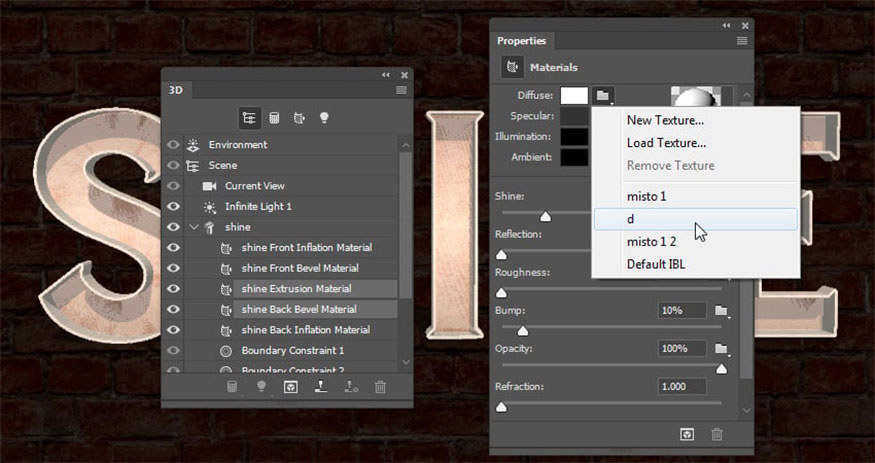 Select the Extrusion and Back Bevel Material tab