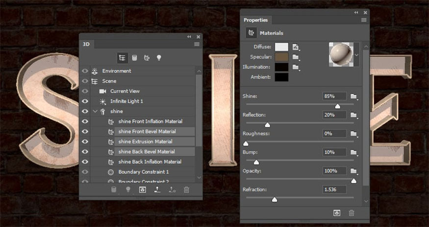 Select the Front Bevel, Extrusion and Back Bevel Material tabs