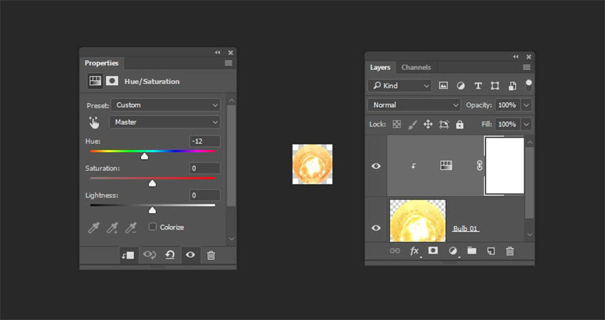 Add a Hue/Saturation layer above the “Bulb 01” layer